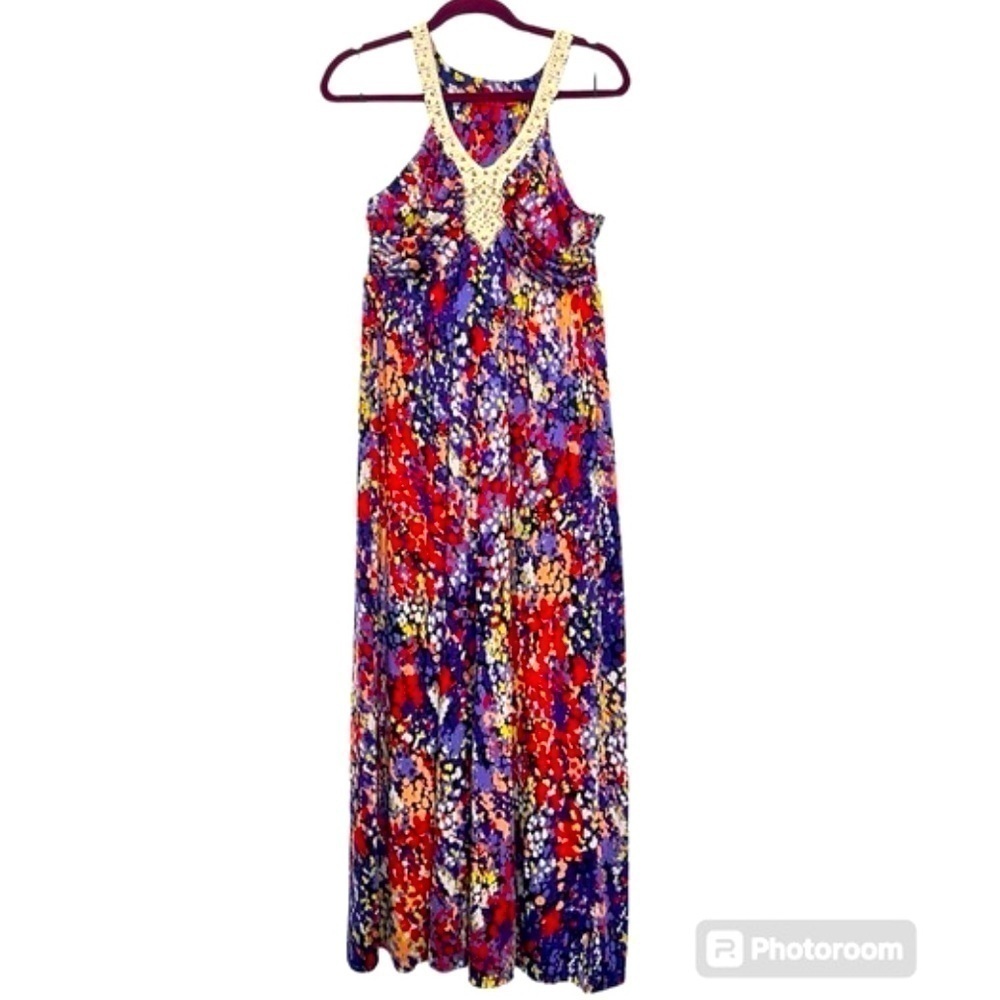 Elle colorful empire waist crochet neck support in maxi dress size M - Picture 3 of 10